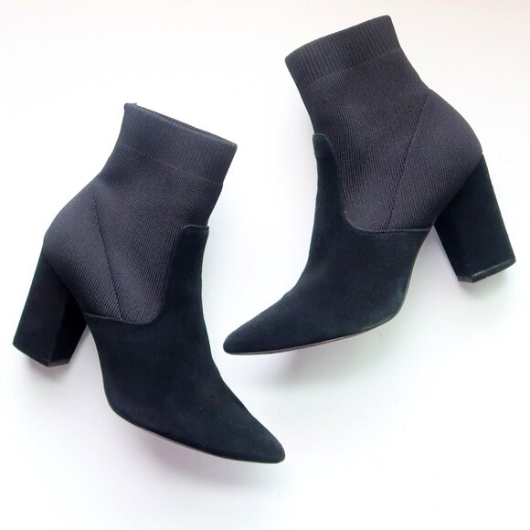 Steve Madden Remy Black Suede Sock Booties Pointed Toe Block Heel Ankle Boots 7
